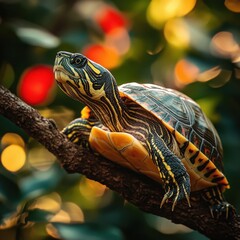 Poster - Colorful Turtle on a Branch Surrounded by Blurred Greenery and Bokeh Lights in a Vibrant Natural Environment