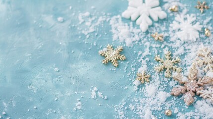 Poster - Delicate snowflakes and shimmering frost lie on a vibrant blue surface, capturing the essence of winter and holiday cheer in a stunning display