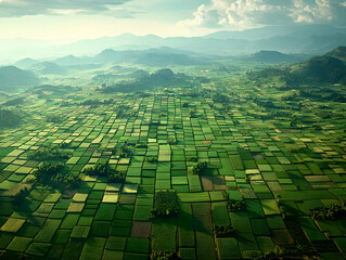 Sticker - Aerial view of vibrant green rice paddies, mountain backdrop, agricultural landscape, ideal for travel brochures