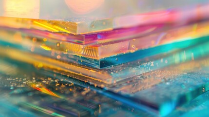 Poster - A stack of colorful acrylic sheets showcases vibrant hues and textures, reflecting light beautifully in a creative display
