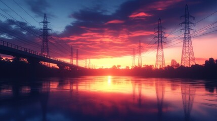 Poster - Dramatic sunset over a river with power lines and a bridge.