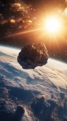 Wall Mural - Asteroid approaching Earth, sun rising behind.