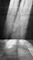 Wall Mural - sunlit grey concrete room interior with floor and wall shadows.