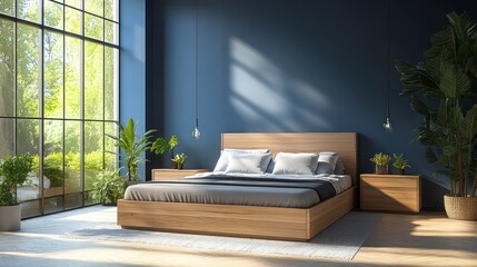 Wall Mural - Serene Minimalist Bedroom with Wooden Bed Frame Soft Gray Bedding Large Windows Indoor Plants Blue Wall