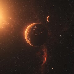 Wall Mural - Orange planet orbiting a bright star with a smaller planet nearby in space.