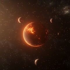 Wall Mural - Fiery planet with three moons orbiting in a dark space.