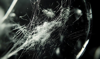 Intricate spiderweb detail, showcasing delicate threads against a dark background.  Macro photography of a spider's silk.