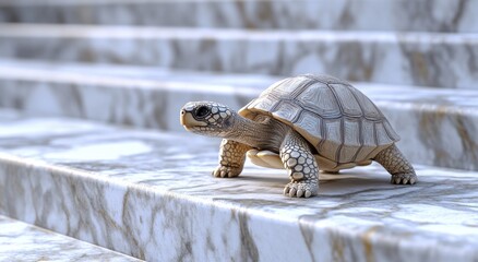 Poster - Realistic 3D Render of a Small Turtle Crawling on Smooth Decorative Marble Steps in a Bright Environment