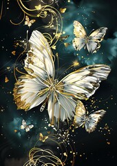 Wall Mural - Golden butterflies on a dark background. AI.