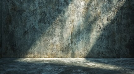 Wall Mural - dark grunge room with textured wall and floor, illuminated by sunlight beams.