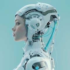 Poster - A robotic woman with intricate gears and wires. AI.