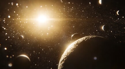 Wall Mural - Golden sun illuminates planets and stars in a cosmic scene.