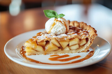 Delicious slice of homemade apple pie with vanilla ice cream and caramel drizzle on a wooden table