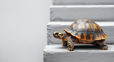 Poster - Turtle Crawling on Gray Steps with Textured Surface Under Natural Light Creating Calm and Serene Atmosphere for Nature and Wildlife Photography