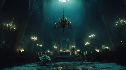 Wall Mural - Dark Church Interior, Altar, Candles, Smoke, Ceremony