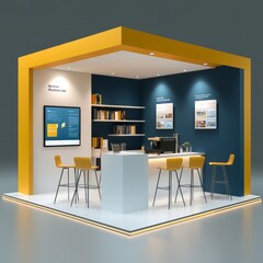 Modern exhibition booth with yellow and blue accents, featuring a bar, seating, shelves, and a digital display.