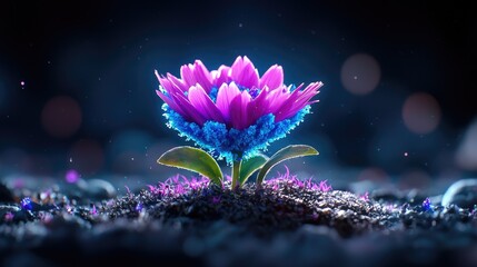 Glowing purple flower blooming in dark soil, digital art, nature background, website design