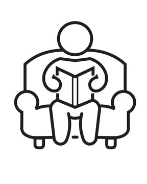 Icon of a person sitting on a sofa reading a book. Ideal for education, relaxation, self-improvement, and literature-themed designs. Simple black-and-white style for versatile applications