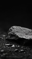 Wall Mural - Close-up monochrome shot of a single, rough-textured rock resting on dark ground.