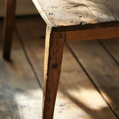 Wall Mural - Rustic wooden table leg and tabletop detail, sunlight on aged wood.