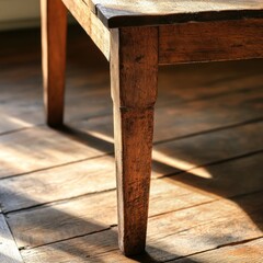 Wall Mural - Rustic wooden table leg detail, sunlit hardwood floor.