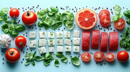 Wall Mural - Fresh ingredients including tomatoes, herbs, and cheese arranged on a blue background for a vibrant culinary scene