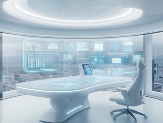 Poster - a futuristic workspace featuring holographic data projections of marketing statistics and insights, 