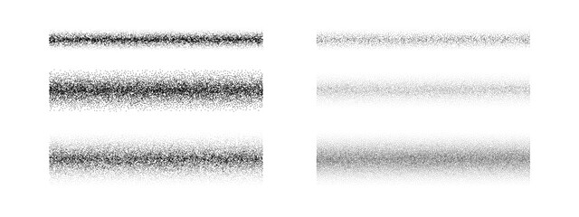 Poster - Black dotted gradient texture set. Stippled grain brush element collection. Fading scatter noise pattern pack. Spray dot line strokes background. Rectangle grainy sand bundle. Vector