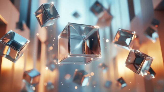 Abstract Composition of Floating Reflective Cubes in Dynamic 3D Space
