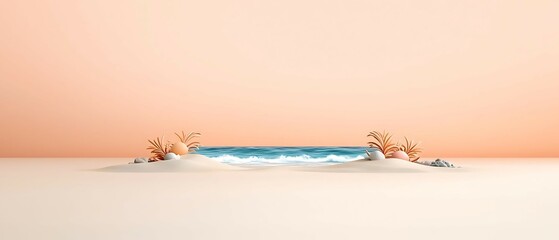 Wall Mural - a serene beach scene featuring gentle waves and small plants against a soft pastel background. minim