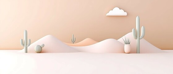 Wall Mural - a minimalistic desert landscape featuring sand dunes, cacti, and a cloud against a soft pastel backg