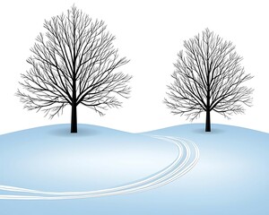 Wall Mural - Two bare trees stand on a snowy hill, with a winding path marked by tire tracks leading through the serene winter landscape. minimalist pastel aesthetics pastel tones flat design