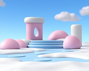 Wall Mural - a whimsical, pastel-colored landscape featuring geometric shapes, a pool of water, and fluffy clouds