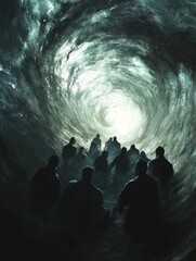 Poster - Silhouettes of people emerge from a swirling vortex of light and dark tones creating an intense scene