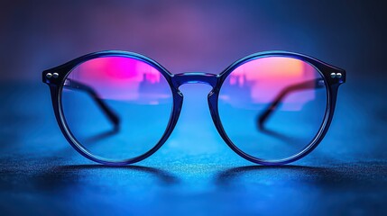 Wall Mural - Round eyeglasses reflecting a cityscape at sunset.