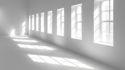 Poster - bright, minimalistic interior with sunlight streaming through windows, creating shadows on floor. cl