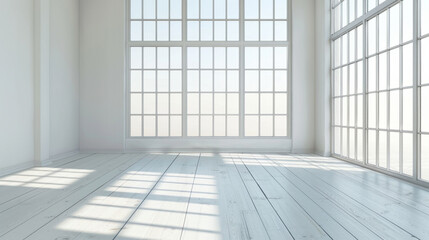 Poster - bright and airy interior space with large windows and wooden floor