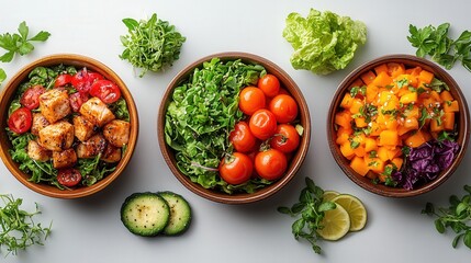 Wall Mural - Colorful salad bowls filled with fresh vegetables and greens on a light background