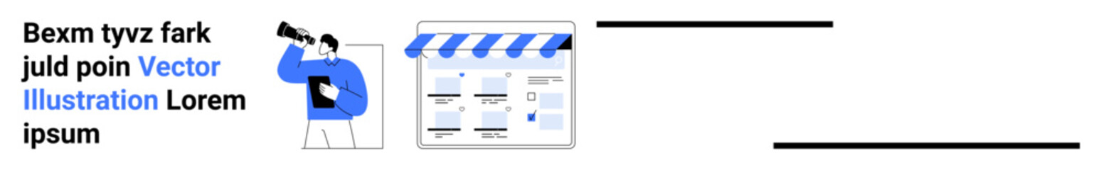 Man in blue holding tablet, website interface design with storefront awning, and placeholder text. Ideal for web development, e-commerce, digital marketing, advertising, business growth, user