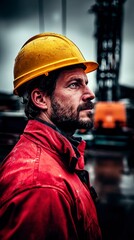 Wall Mural - Construction Worker in Red Jacket  Yellow Hard Hat  Industrial Site