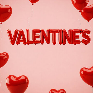 Red balloons forming the letters VALENTINES on a pink background