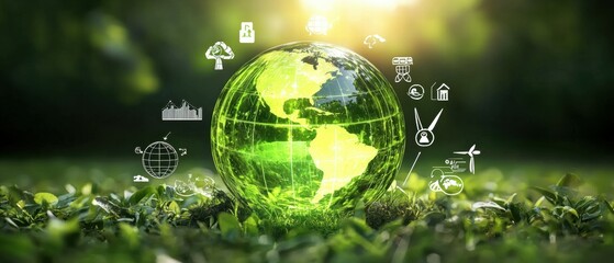 Poster - Exploring a glowing green globe digital world infographic virtual space global perspective sustainability