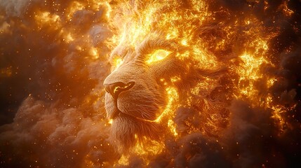 Wall Mural - fiery lion's mane in storm, a striking fusion of nature's majesty and cosmic chaos, evoking power an
