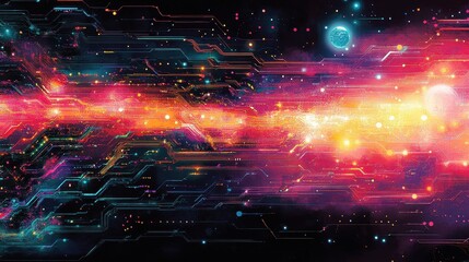 Poster - Abstract cosmic circuit board design, vibrant colors and glowing lines. Ideal for tech, AI, or space-themed projects, evokes innovation and futuristic concepts.