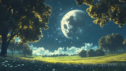 Wall Mural - night landscape with moon and stars above a green field with trees and white flowers