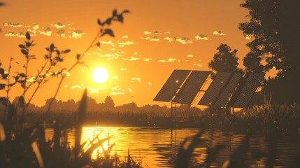 Canvas Print - Golden sunset over a tranquil water landscape with solar panels in the background.