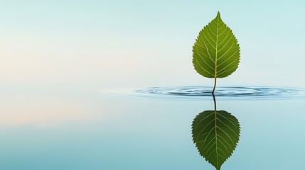 Wall Mural - Equilibrium habits natural, Green Leaf Standing on Water Surface with Gentle Ripples and Calm Background