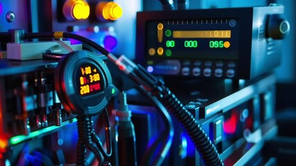 Poster - Close up of an electronic device displaying production data, highlighting the technological advancements in modern manufacturing processes within a vibrant, illuminated factory setting
