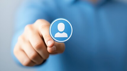 Poster - man interacting with a person icon button on digital interface.