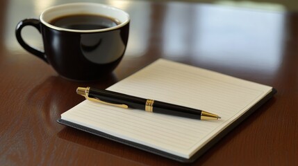 Poster - A perfectly balanced desk setup featuring a coffee cup, an open planner, and a classic black pen, ideal for goal-setting.